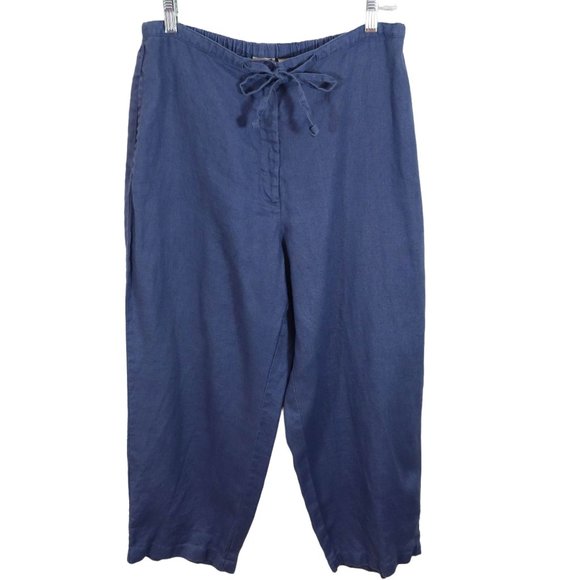 L.L. Bean Pants - LL BEAN 14 100% Linen Blue Straight Leg Drawstring Zip Fly Cropped/Ankle Pants
